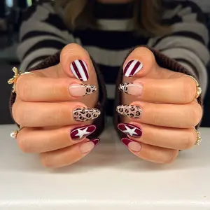 24pcs Short Waterdrop Press-On Nails, Striped Star Print French Leopard Color Block Nail Art Design, Includes Jelly Glue and File, French Tips Nails