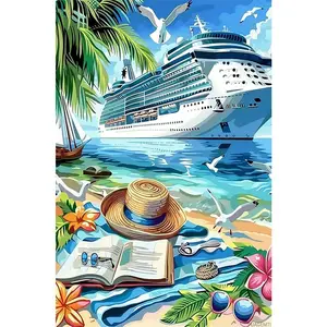 1PCS Diamond Painting Kit Diamond Art Tools Cruise Ship at Sea with Beach Scene Palm Trees Seagulls DIY Craft Wall Decor