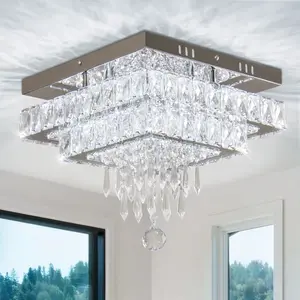 Double-Layer Square 12.9" Crystal LED Ceiling Light Chandelier Dimmable Flush Mount Middle Size Home Bedroom Kitchen Closet Foyer Hallway Lighting QH-MC056