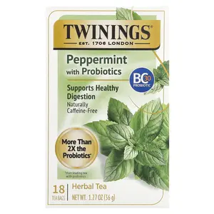 Twinings Herbal Tea, Peppermint with Probiotics, Caffeine-Free, 18 Tea Bags, 1.27 oz (36 g)