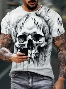 Men's Vintage Classic Skull Print T-Shirt, Menswear, 3D Stereo Print Street Style Short Sleeve Round Neck, Casual Fitted Top for All Seasons, Casual Street Fashion