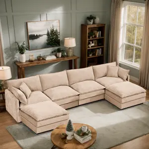 Eyisean 130.7" Chenille Modular Sectional Sofa with 2 Ottoman, 4-Seater U Shape Convertible Cloud Couch with Upholstered & Pillow, Oversized Comfy Sleeper Sofa for Living Room, Bedroom, Easy Assembly