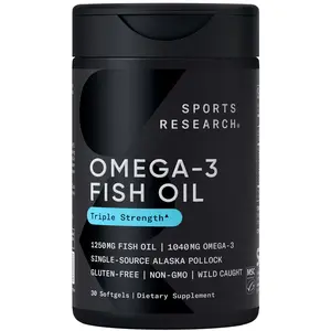 Sports Research Triple Strength Omega 3 Fish Oil 1250mg Wild Alaska Pollock Burpless Supplement with EPA & DHA 30 Softgels Non-GMO Gluten Free - Fitness