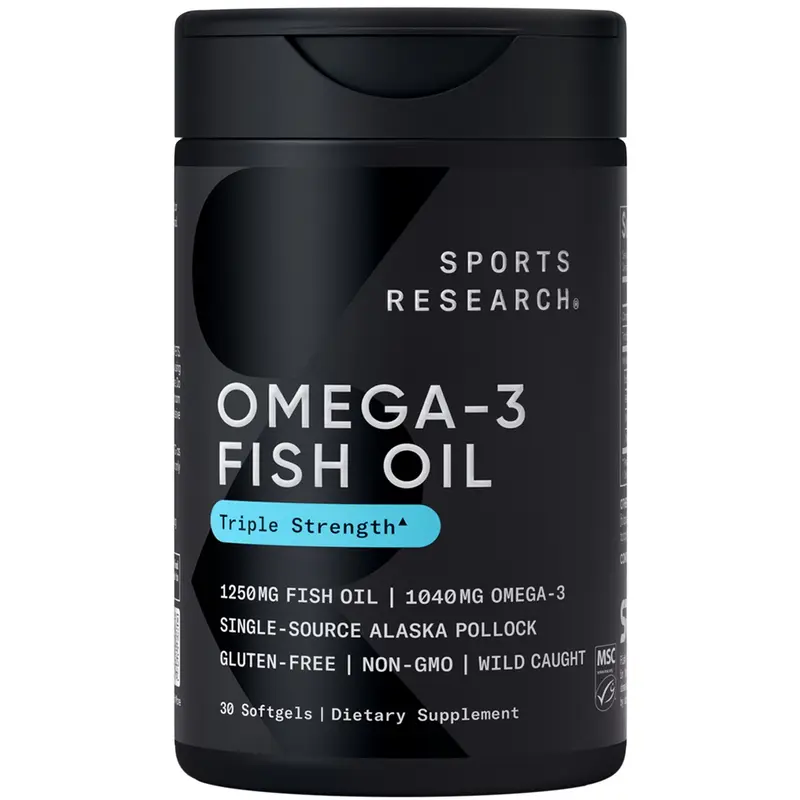Sports Research Triple Strength Omega 3 Fish Oil 1250mg Wild Alaska Pollock Burpless Supplement with EPA & DHA 30 Softgels Non-GMO Gluten Free - Fitness
