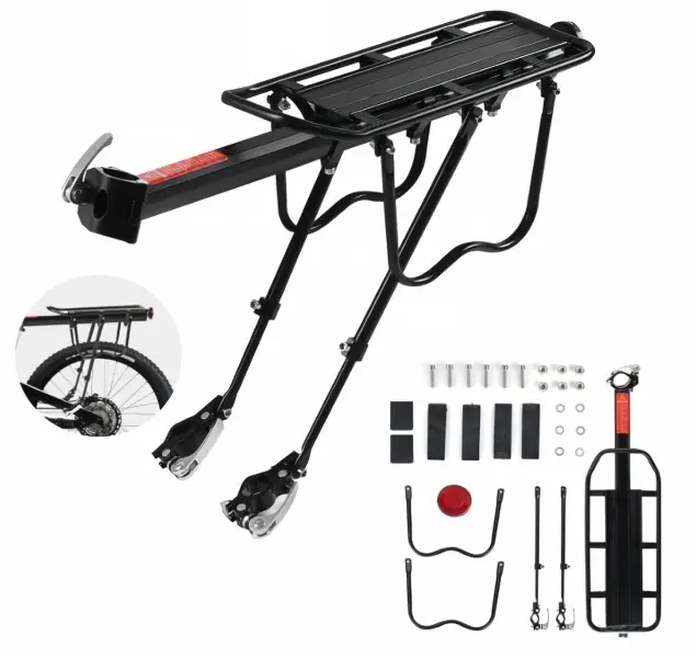 Rear Bike Rack, Adjustable Quick Release Aluminum Alloy Metal Bracket Cargo Luggage Carrier with Safety Reflector, Heavy Duty Load Bearing Hardware Accessory Fit Mountain Road E-Bike Fat Tire Bikes for Cycling Camping Touring