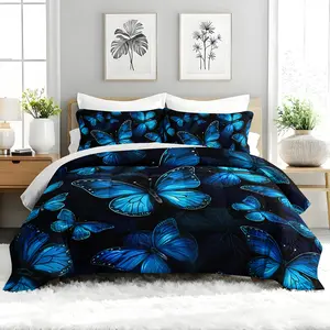  3pcs  Butterfly Comforter Set, Glowing Night Floral Themed Duvet Set for Girls and Adults Bedroom or Guest Room Decor, Lightweight Soft All Seasons Comforter Machine Washable Microfiber Quilt with 2 Pillowcases, Gifts for the Family