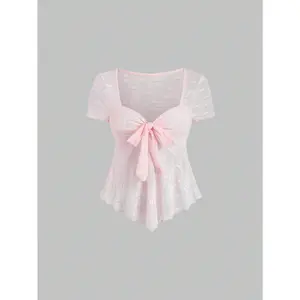 Sweetra Women's Pink Textured Mesh Bow Tie V-Neck Short Sleeve T-Shirt, Versatile Sexy Tee Y2K Outfit 
