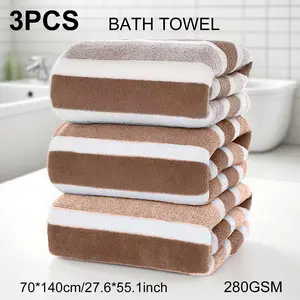 3 Piece Striped Coral Fleece Bath Towel Set, 3 Towels 70x140cm, 280gsm, Super Soft High Absorbency, Fast Drying, Home Hotel Spa Pool Gym Hair Salon, Quick Drying Towel