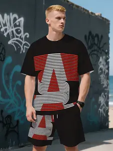 3D Geometric Print and Stripe Men's Short Sleeve T-Shirt and Shorts Set, Casual Outfit Summer for Outdoor Activities, Great Gift for Father's Day and Valentine's Day