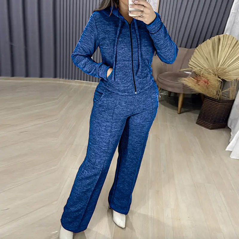 CHICME Women's Autumn Casual Chic Knit Cardigan & Wide Leg Pants Set - Soft Stretch Fabric with Pockets & Zipper - Regular Fit for Daily Wear