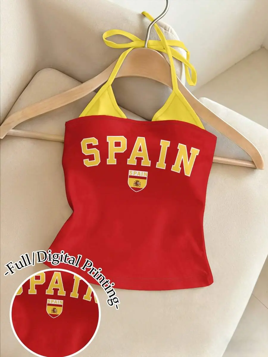 Y2K Spain Print Casual Halter Neck Camisole 2 In 1 Tube Top Tees