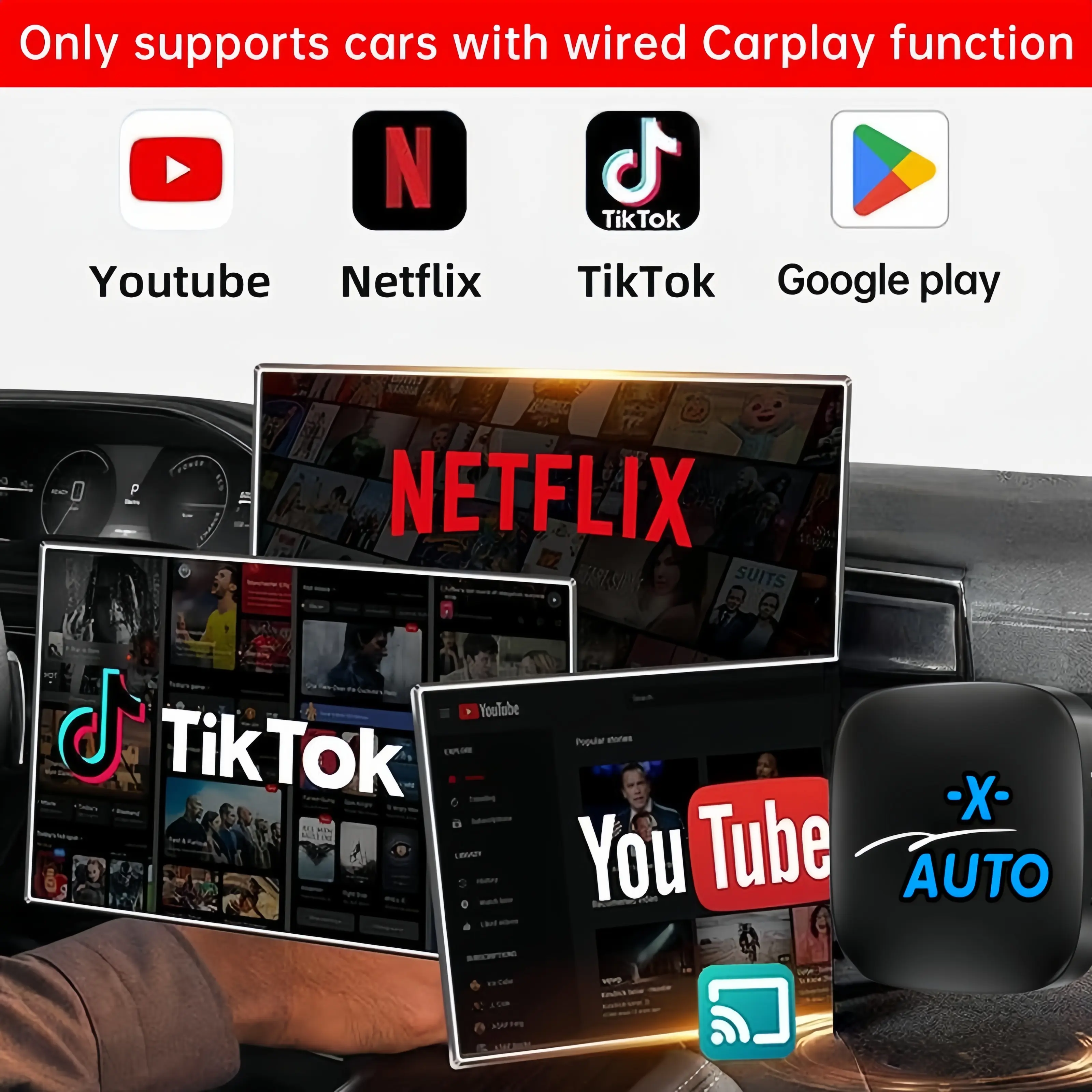 X-AUTO Wireless CarPlay Video Adapter for Wired CarplayFunction Support YouTube Netflix TikTok GooglePlay5GHz WiFi, Auto Connect for 2016+ Cars