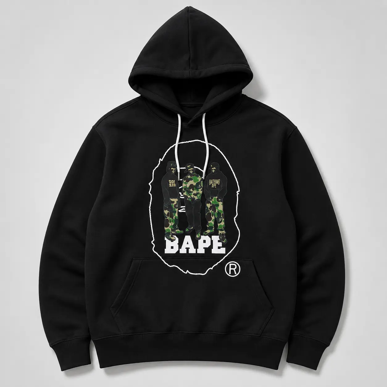 BAPE Men’s Ape Head Graphic Pullover Hoodie, Camo Character Streetwear Sweatshirt, Casual Long Sleeve Hoodie with Kangaroo Pocket