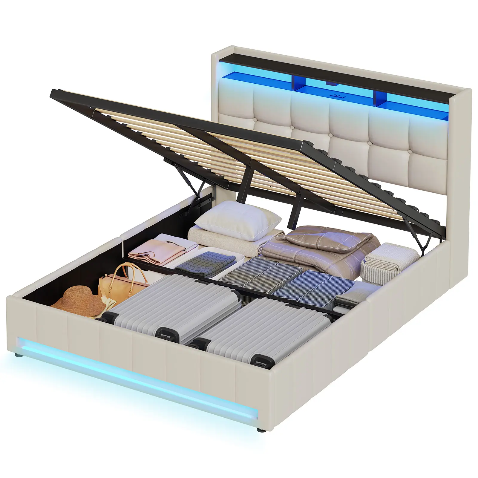 Upholstered Lift Up Storage Bed with LED Lights & USB Charging Station, Platform Bed Frame with Underbed Storage, No Box Spring Needed, Wood Slat Support