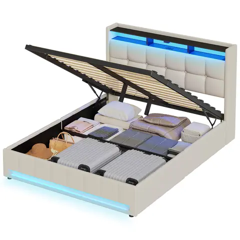 Sweetcrispy Queen Size Modern Platform Bed Frame - Metal & Wood Construction, Lift-Up Hidden Storage, LED Lights, USB Charging Station, Wood Slat Support, No Box Spring Needed, Assembly Required, Enhances Organization, Queen Size Bed Frame