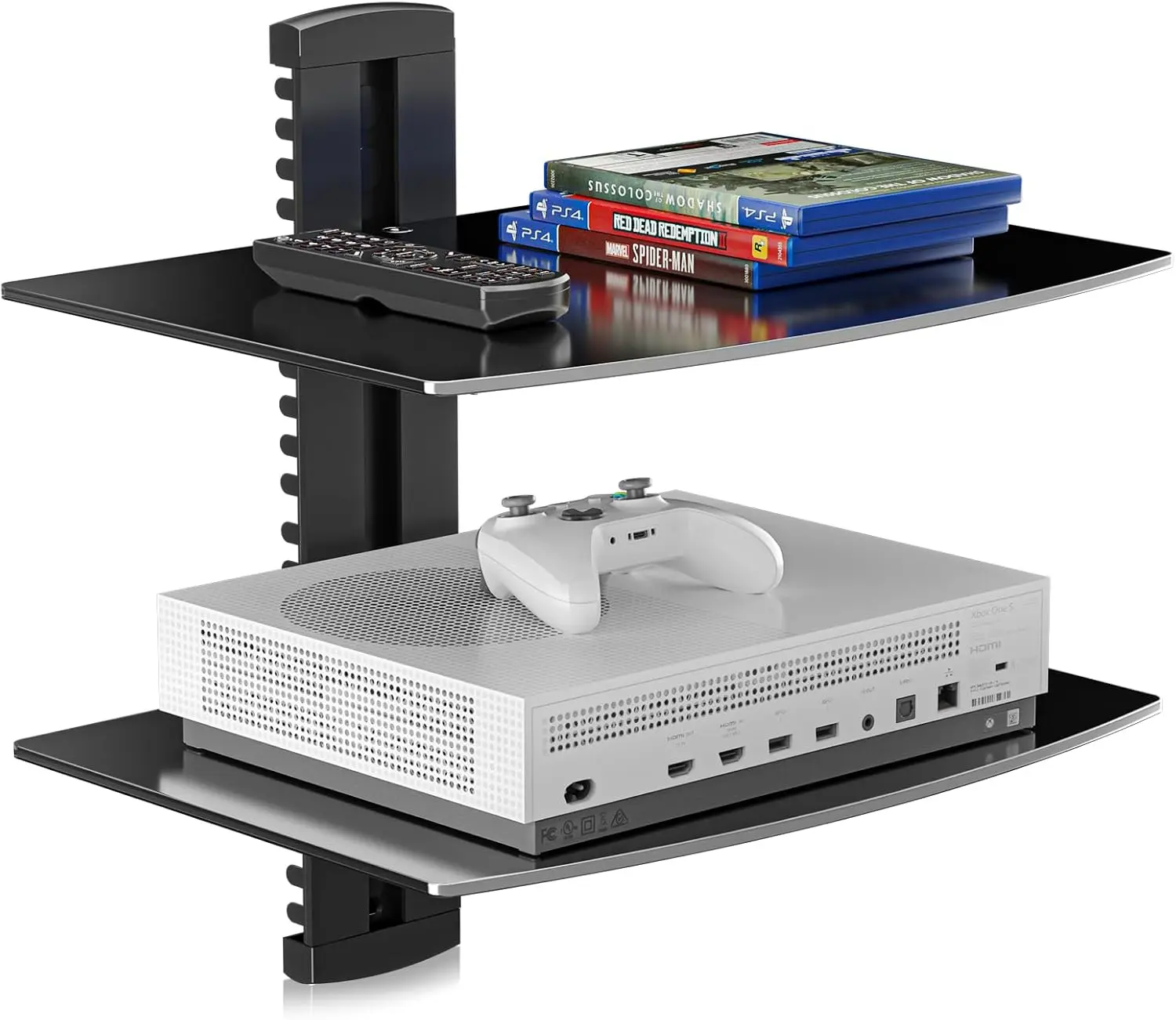 suptek Speaker Mount, Floating Glass Shelf Wall Mount Bracket for DVD Players/Cable Boxes/Games Consoles/TV Accessories, 2 Shelves, Black CS202 Space Saving Design Wall Organizer