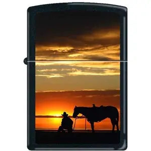 Zippo Lighter - Cowboy & Horse at Sunset Black Matte
