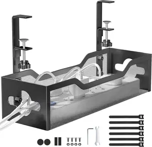 Under Desk  Management Tray No Drill, Metal Mesh  Management Under Desk with Clamp Mount, 2 Hole  Tray with Wire Management and Cord Organizer for  Office Standing Desk