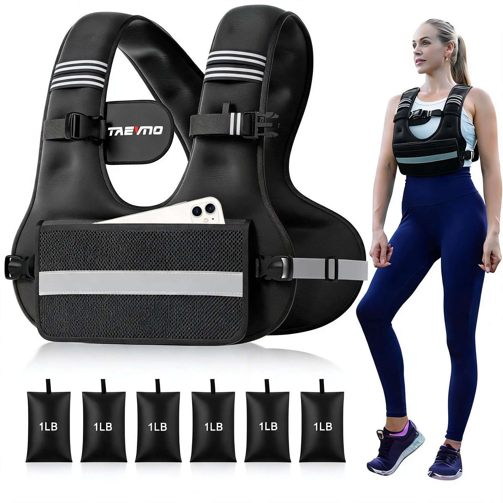 Taevno Adjustable Weighted Vest - 6-12lbs/12-20lbs/20-32lbs, 6 Ironsand Weights, Detachable Phone Pouch, Reflective Stripes, for Men/Women, Strength Training, Rucking, Fitness tiktokshopbacktoschool, Full Body