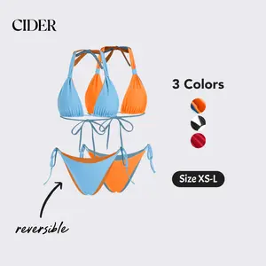 Women's 2-Piece Bikini Set Reversible Sleeveless Halter Neck Bra and Low Waist Briefs Bathing Suit Double sided wearable bikini SwimWeek