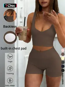 Sexy U-Neck Backless Halter Top Shorts Set, Elastic Comfortable Casual Wear, Perfect for Gym Yoga Running Daily