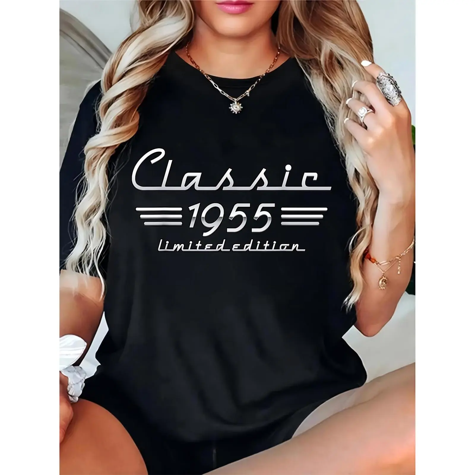 Women's Black T-Shirt with Classic 1955 Limited Edition Retro Text – Perfect for Casual Daily Wear, Vintage-Themed Events & 1955 Birthday Celebrations, Ideal for Women, Vintage Lovers & 1955-Born Individuals