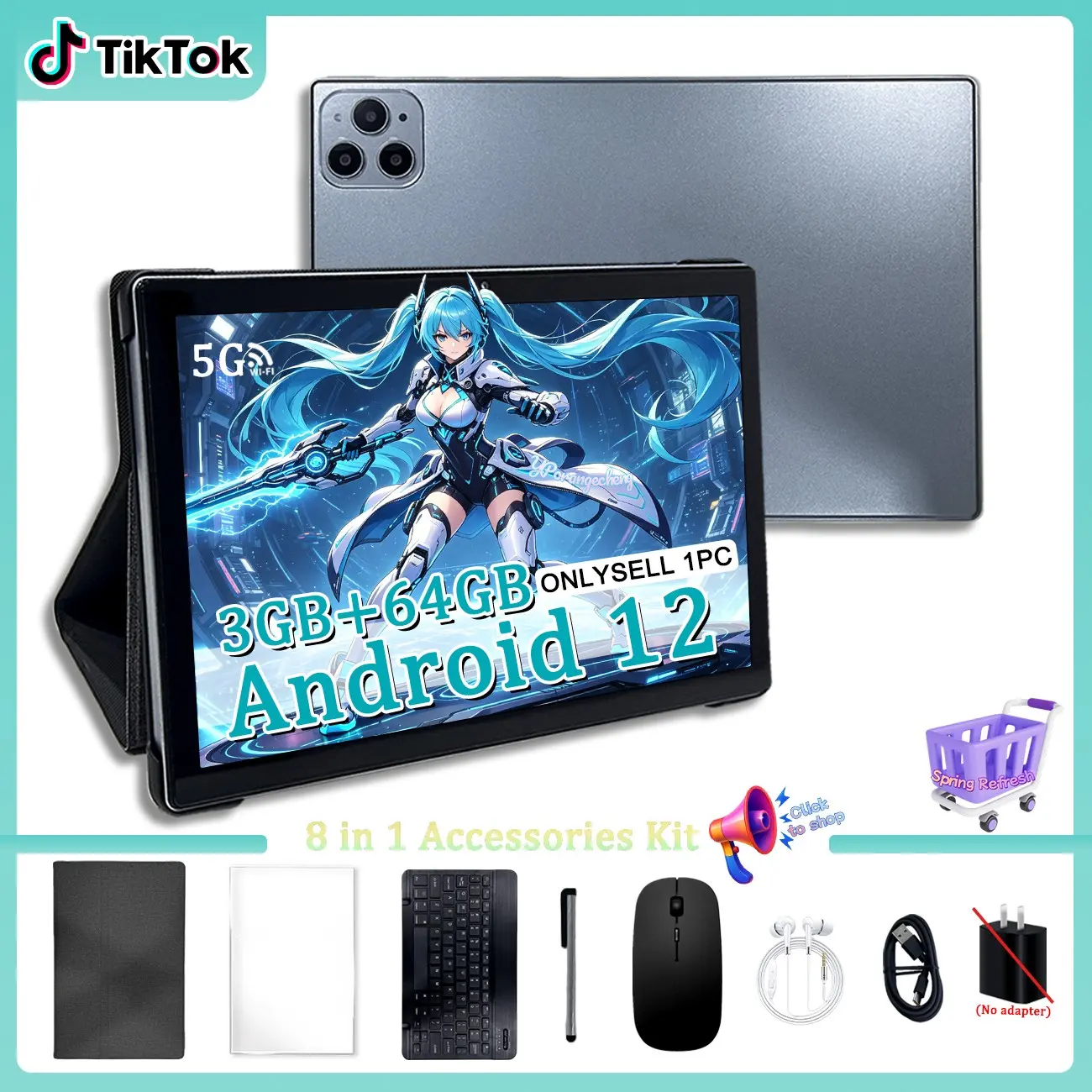 Spring 10.1-Inch Adult Tablet Bundle, Android Tablet, 2-in-1 Laptop / Gaming Tablet, 5G WiFi HD Screen Dual Camera, Shockproof Case + Free Headphone Mouse Keyboard, Office & Learning Tablet, Educational & Entertainment Device, Blue/Pink