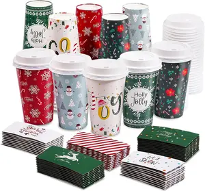 50 Pack Christmas Disposable Coffee Cups with Lids & Sleeves for Hot Cocoa and Hot Chocolate