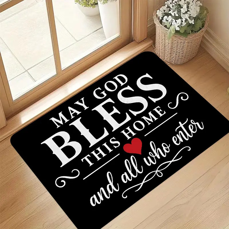 Christian Heart Motif Rectangular Non-Slip Doormat - Religious Entryway Rug, "May God Bless This Home" Welcome Mat for Indoor-Outdoor Home Decor