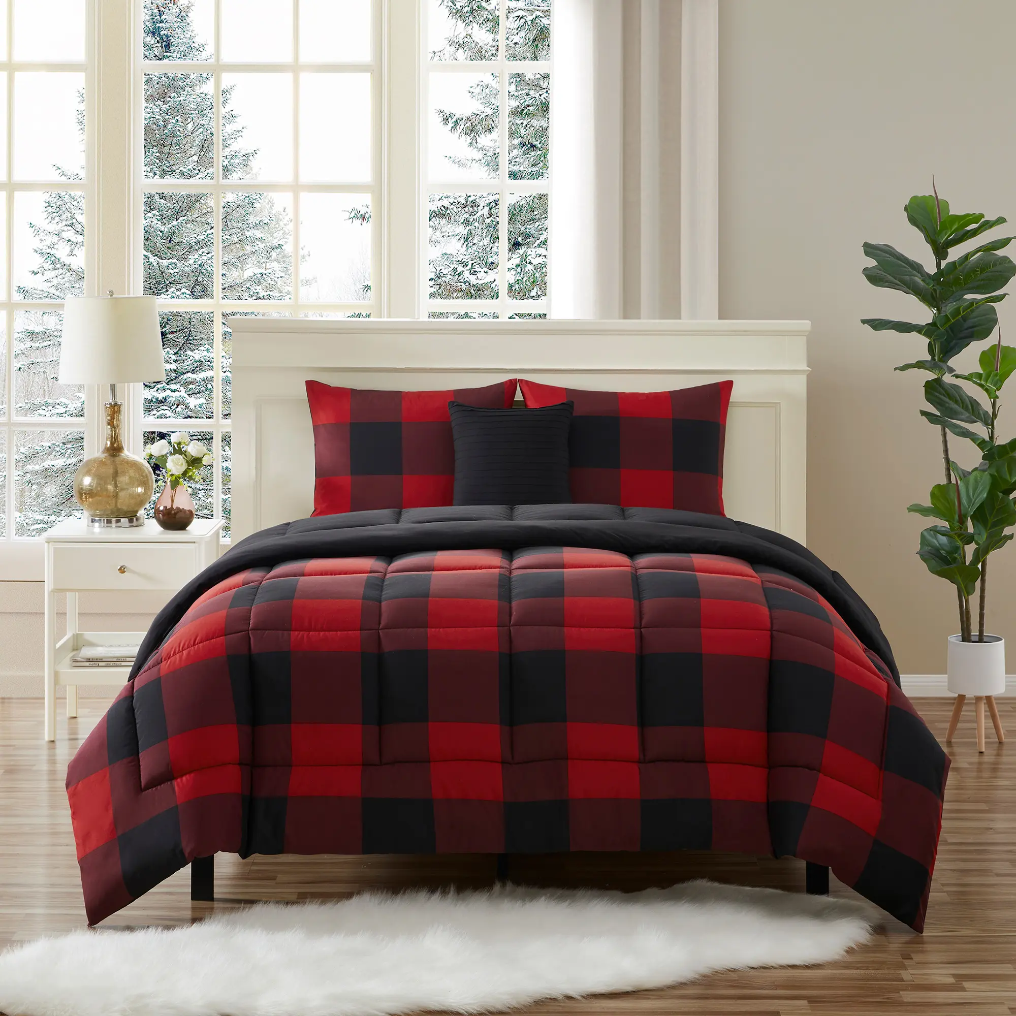 Traditional 4-Piece Buffalo Plaid Comforter Set - 100% Double Brushed Microfibre, Soft, Breathable, Reversible, Machine Washable, All Seasons, Down Alternative, Hypoallergenic (Full/Queen/King Sizes)