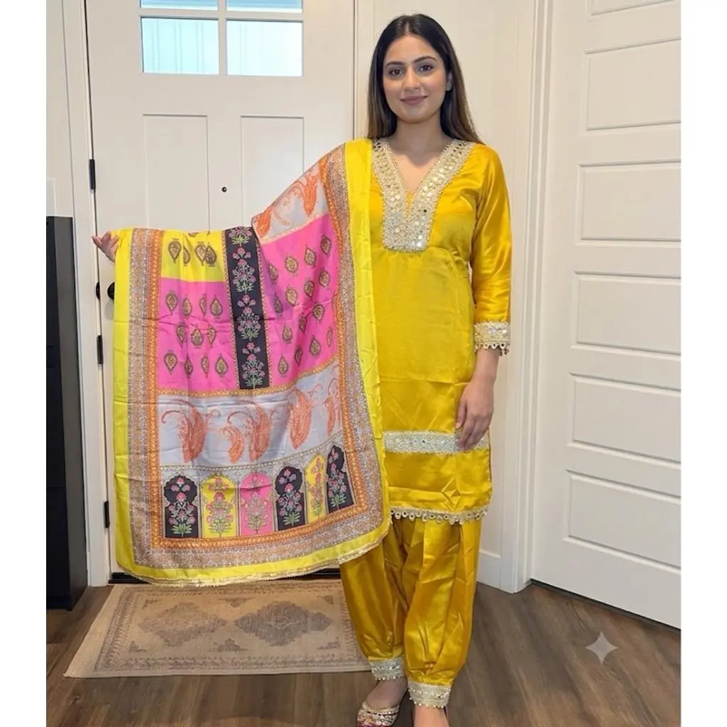 Women's Elegant Ethnic Kurta Set with Embroidered Floral Details and Sheer Mesh Dupatta Stylish Three-Piece Traditional Suit for Festivals and Weddings Size 40