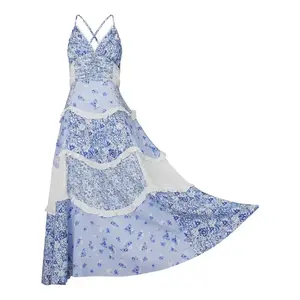 Women's Casual Summer Lace Patchwork Dress Puffy Short Halter Neck Smocked Tiered Ruffle Dresses