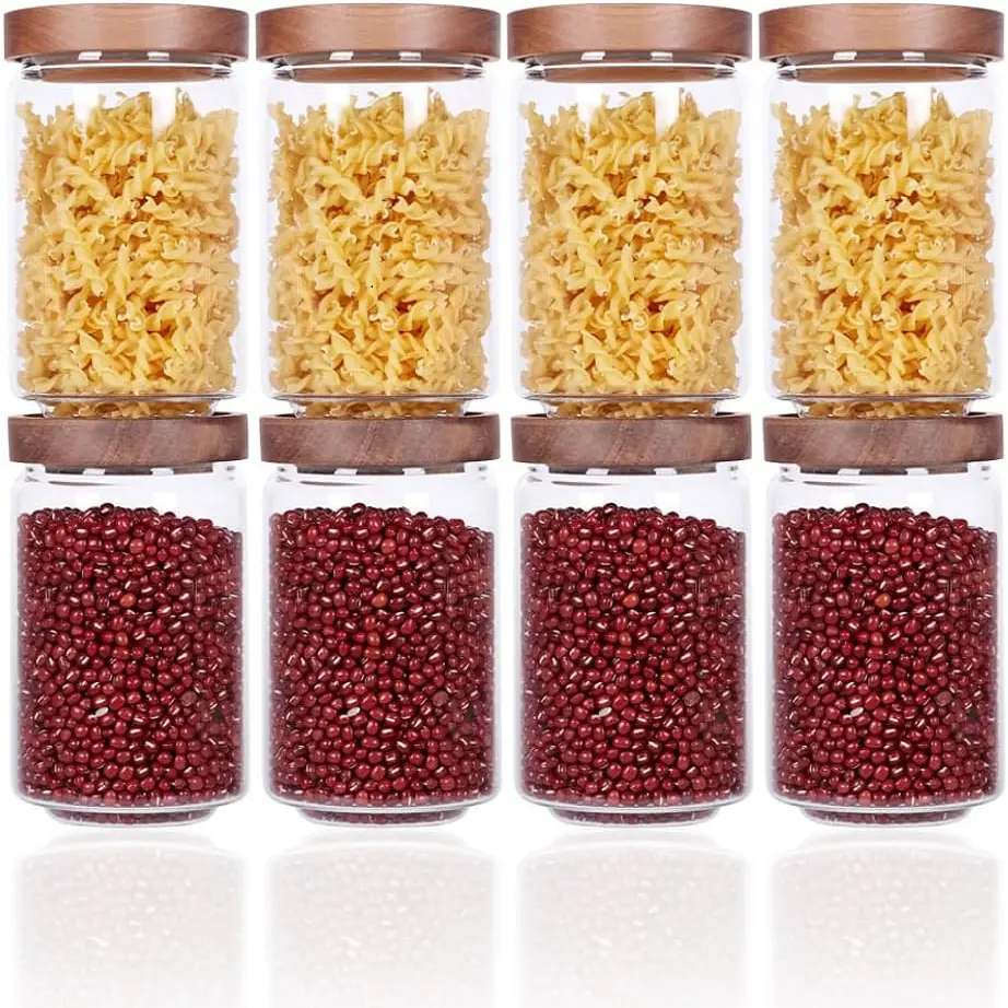 Stackable Kitchen Canisters Set of 8PCS, 25 oz High Borosilicate Glass Cylinder, Airtight Food Storage Containers for Flour, Candies, Grain & Beans, Kitchen Food Storage Jar Set, Pantry Organizers