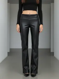 Women's PU Leather Straight Leg Pants, Casual Fitted Pants, Folded Waist Design, Slim Fit, Elastic Waist, Plain Pattern, Spring & Fall Fashion