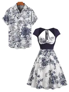 Vacation Couple Outfits Colorful Ombre Print Women's O Ring Straps Tank Dress and Men's Button Up Shirt Hawaii Outfit