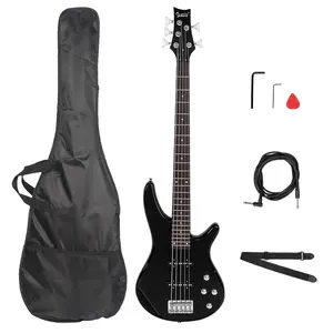 GIB Electric 5-String Bass Guitar with Adjustable Bridge, Full-Size Bag, Strap, Pick, Connector, Wrench Tool - Black, for Bass Beginners & Musicians