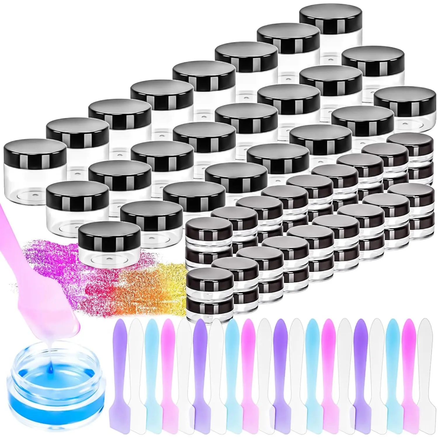 60 count Makeup Travel Containers with Lids - 3/5/10/15/20 Gram Empty Plastic Containers with Lids,  Jars for Liquid , Powders, , Black