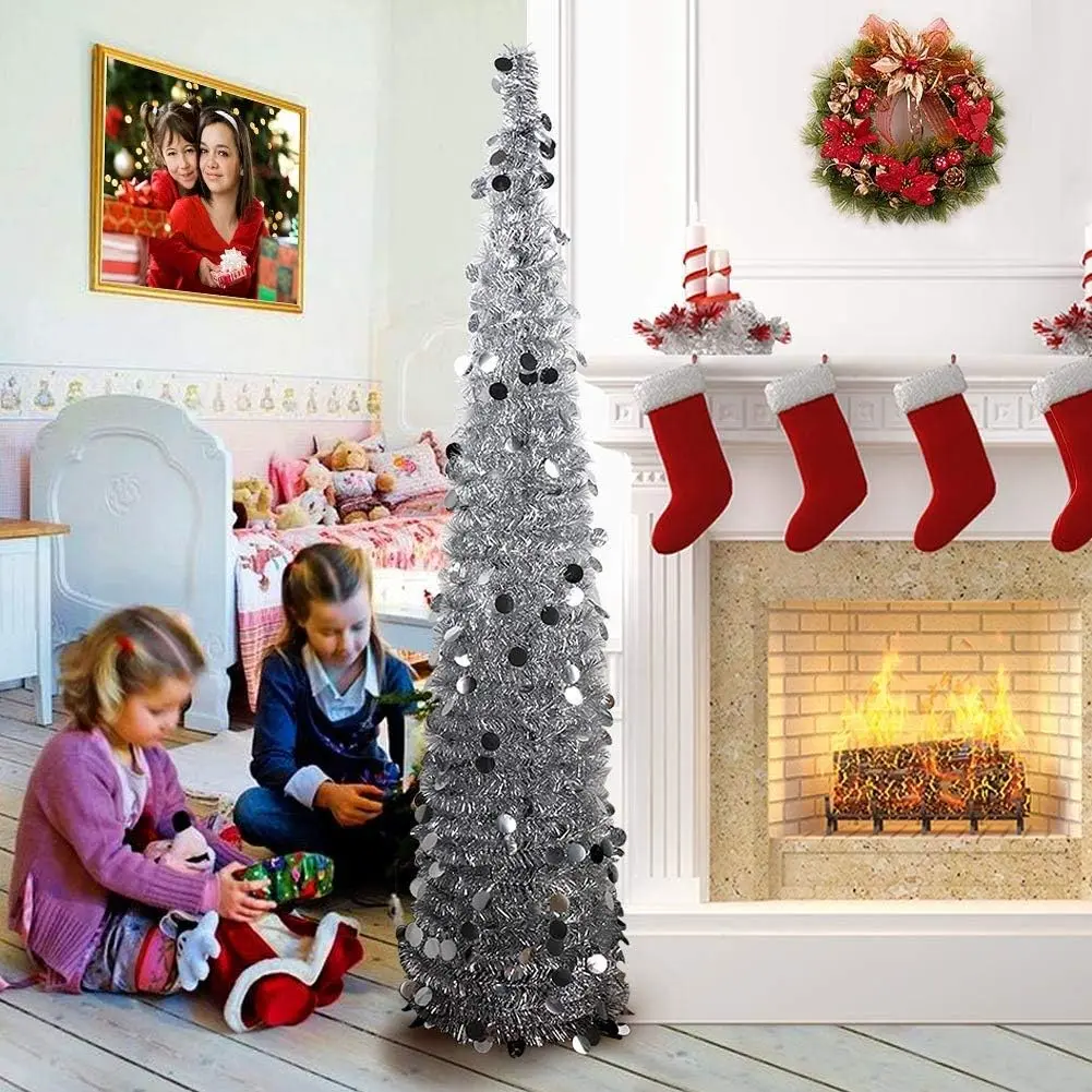 5ft Pop Up Christmas Tree with Stand, Green Tinsel Collapsible Artificial Christmas Tree for Holiday Christmas Home Decorations