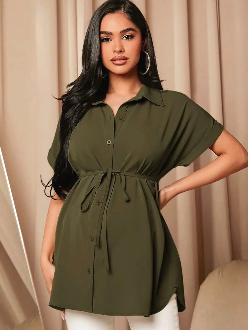 MaterniWear Maternity Solid Color Batwing Sleeve Belted Casual Blouse