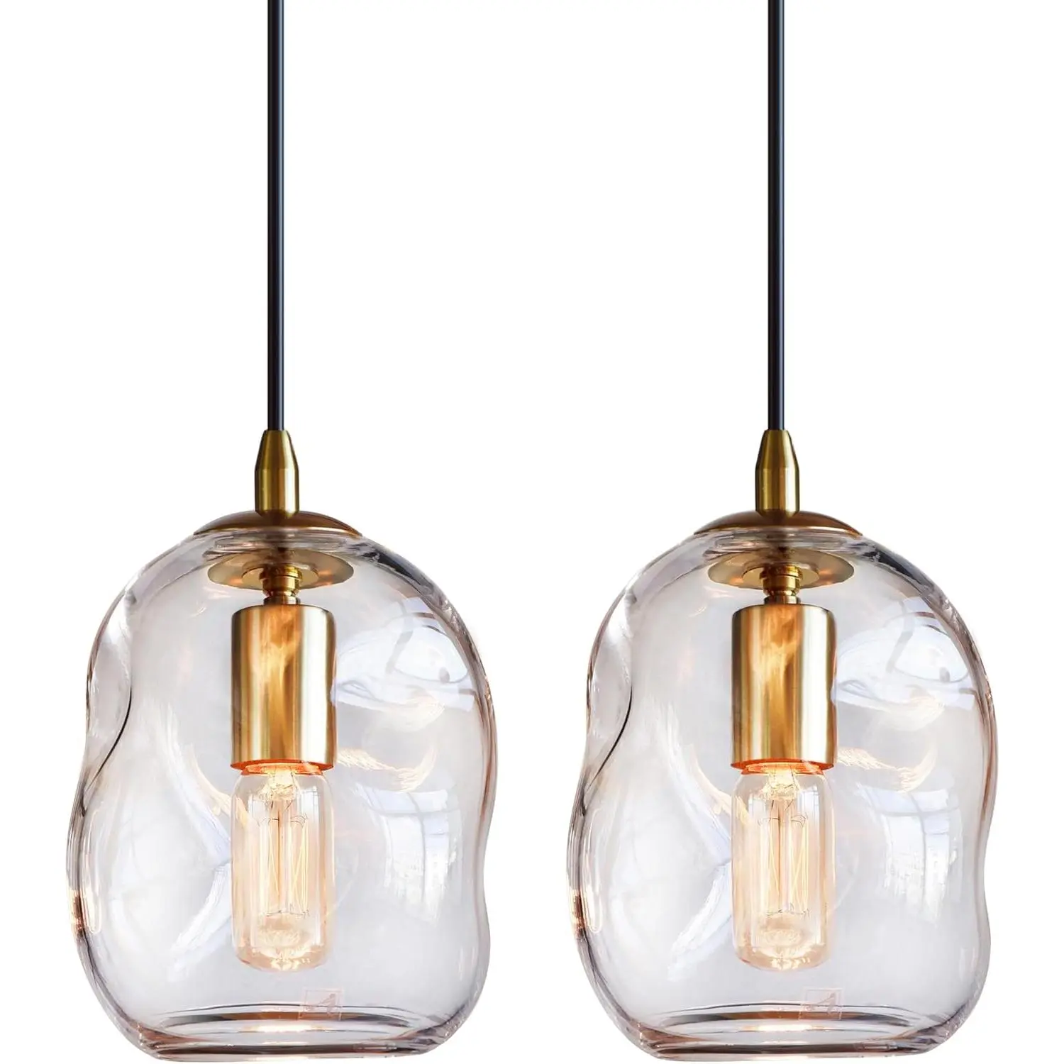Pendant Lights Kitchen Island 2 Pack Modern Contemporary Clear Glass Organic Globe Brass Gold Hanging Light Adjustable Cord Bedroom Dining Table Small Medium Lamp 8 Inch