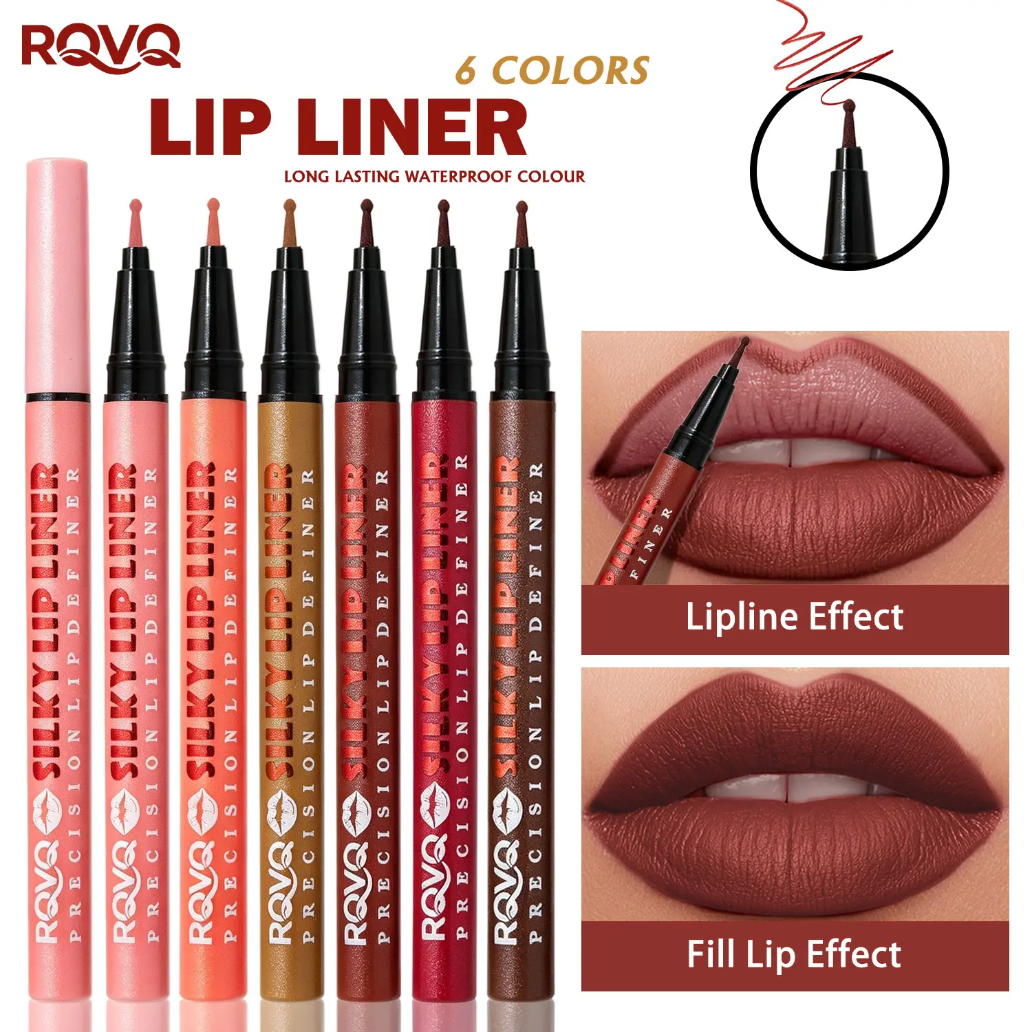 RVQ 6-Color Waterproof Silky Precision Definer, Long-Lasting No-Transfer Lip Product Compatible with Foundation