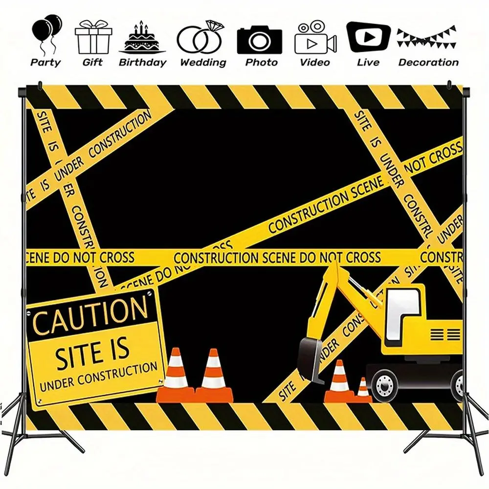 1pc Polyester 2D Flat Construction Theme Party Backdrop Banner - Durable Fabric, Crane Design, Caution Tape, Indoor/Outdoor Use, No Power Needed, Ideal for Birthday Decor (White), Happy Birthday, Glam
