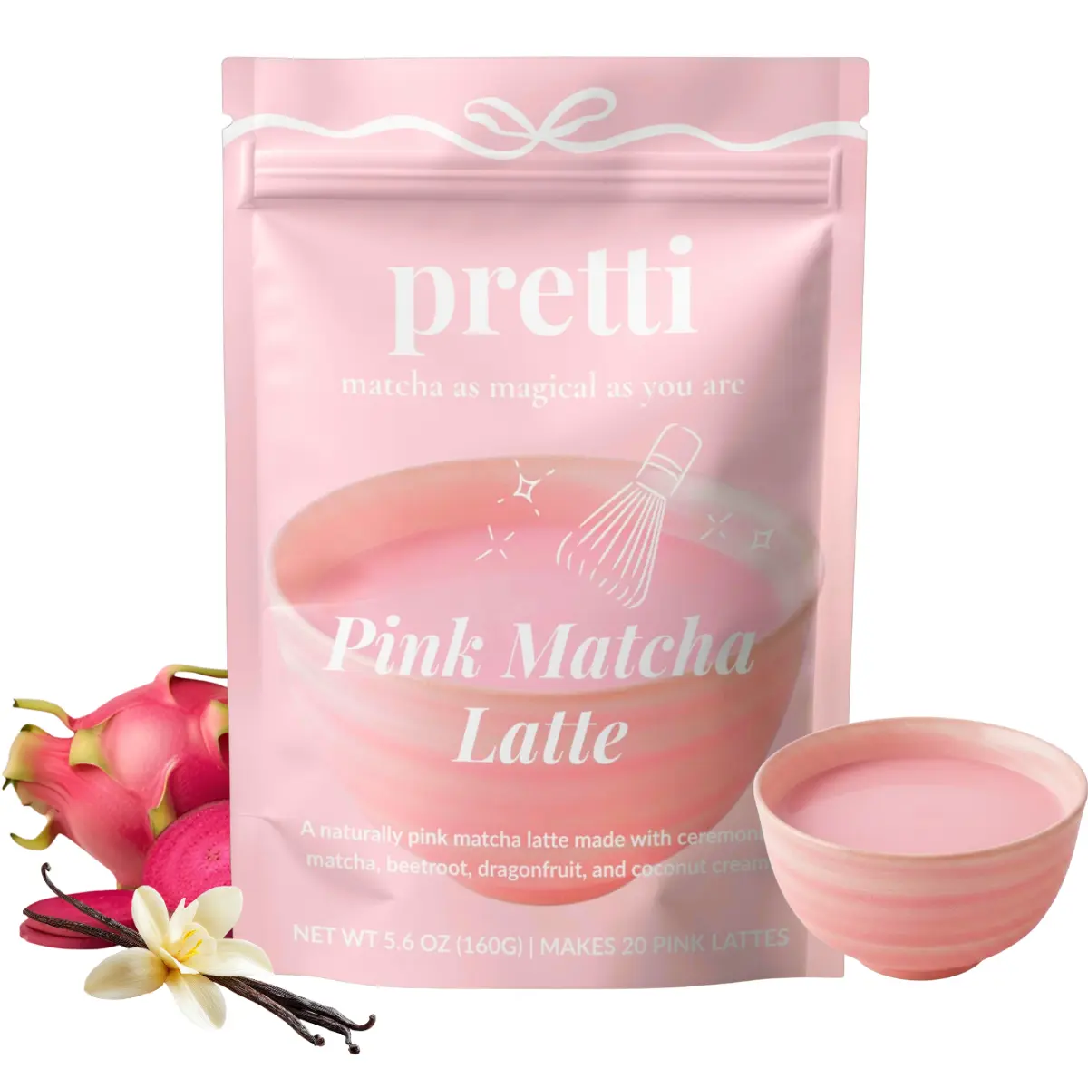 PINK MATCHA LATTE - Creamy Vanilla Instant Latte with Ceremonial Matcha, Beetroot, Dragonfruit, Monk Fruit, 0 Artificial Dyes, 50mg Caffeine, 20 Servings, Dairy-Free Low-Calorie Beverage