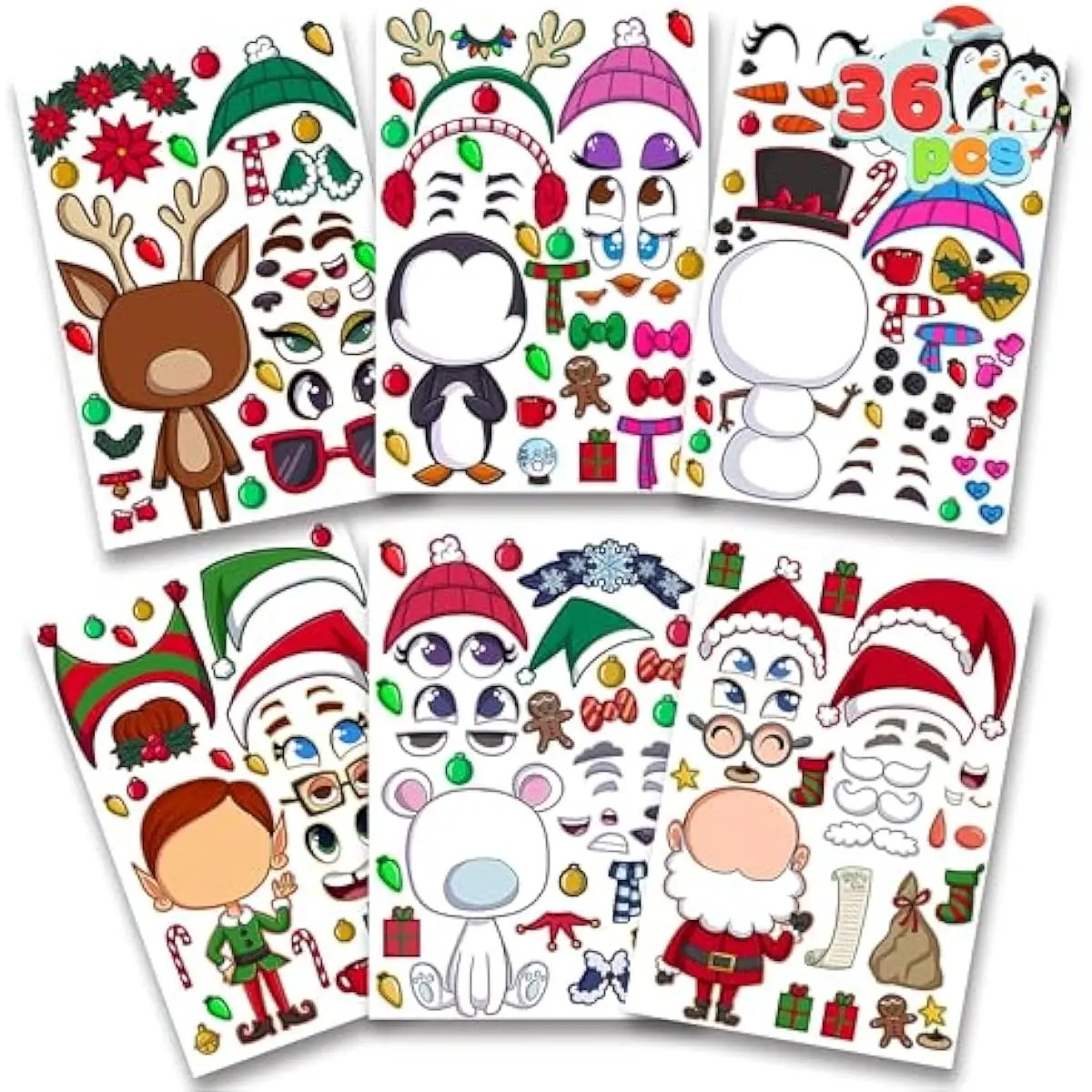 36 Pcs Christmas Make-a-face Sticker Sheets Make Your Own Xmas Characters Mix and Match Sticker with Full Body Design Reindeer, Snowman, Elf, for Kids Party Favor Art Craft Classroom Activities