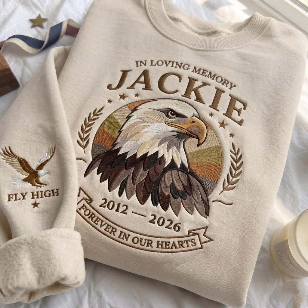 Embroidered Fly Free Jackie HG Sweatshirt, Jackie the Eagle Tribute, Big Bear Eagle Shirt, Bald Eagle Memorial, Wildlife Eagle Tribute Shirt