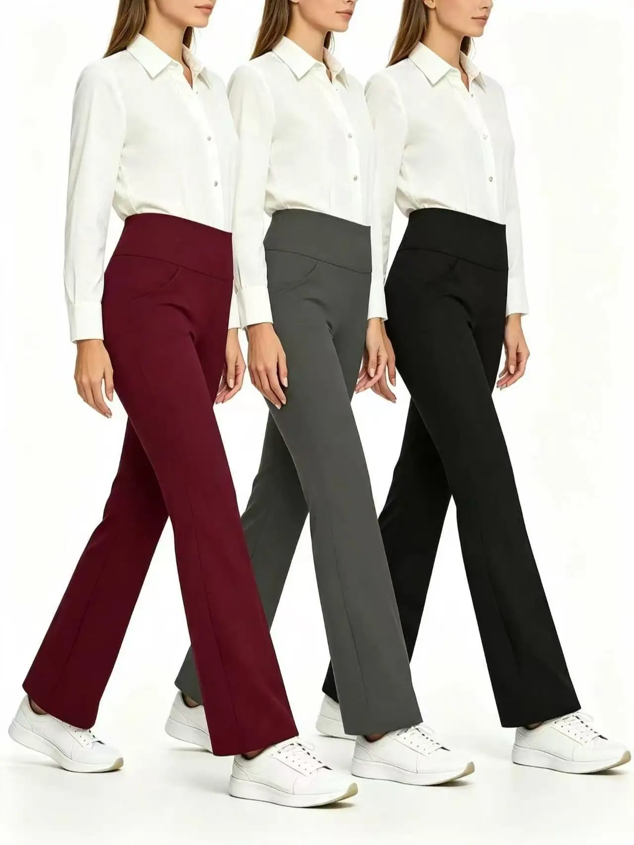 Women's 3‑Pack High Waist Flared Trousers | Women Wrinkle‑Resistant, Side Pockets Stretch Pull‑On Business Casual Work Bottoms loose fit casual trouser clothes street style twin outfits going long pant flowy