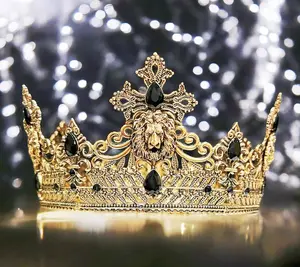 Vintage Lion King Crown, Prince Wedding Headpiece, Black Crystal Crown for Groom, Masquerade Ball Crown, Homecoming King Crown, Gold Crown