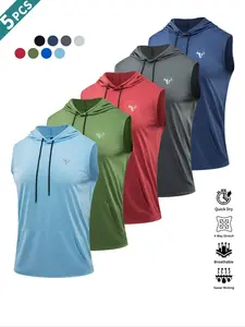 3/4/5-piece set Men's Solid Color Hooded Sports Tank Top, Casual Breathable Quick Drying Sleeveless Sports Top for Gym Workout Running Cycling Fishing, Men's Fitted Sportswear for Summer