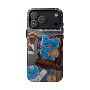 Fuggler Monster Lounge Phone Case, Blue Plush Sandwich Armchair Bat Creature Mohawk Denim Notebook QUEEN new moon Collage With Quirky Toybox Vibes, Play Now Aesthetic Gift, Suitable for iPhone 17-11 Pro Max/Plus and  Samsung Galaxy S23-25