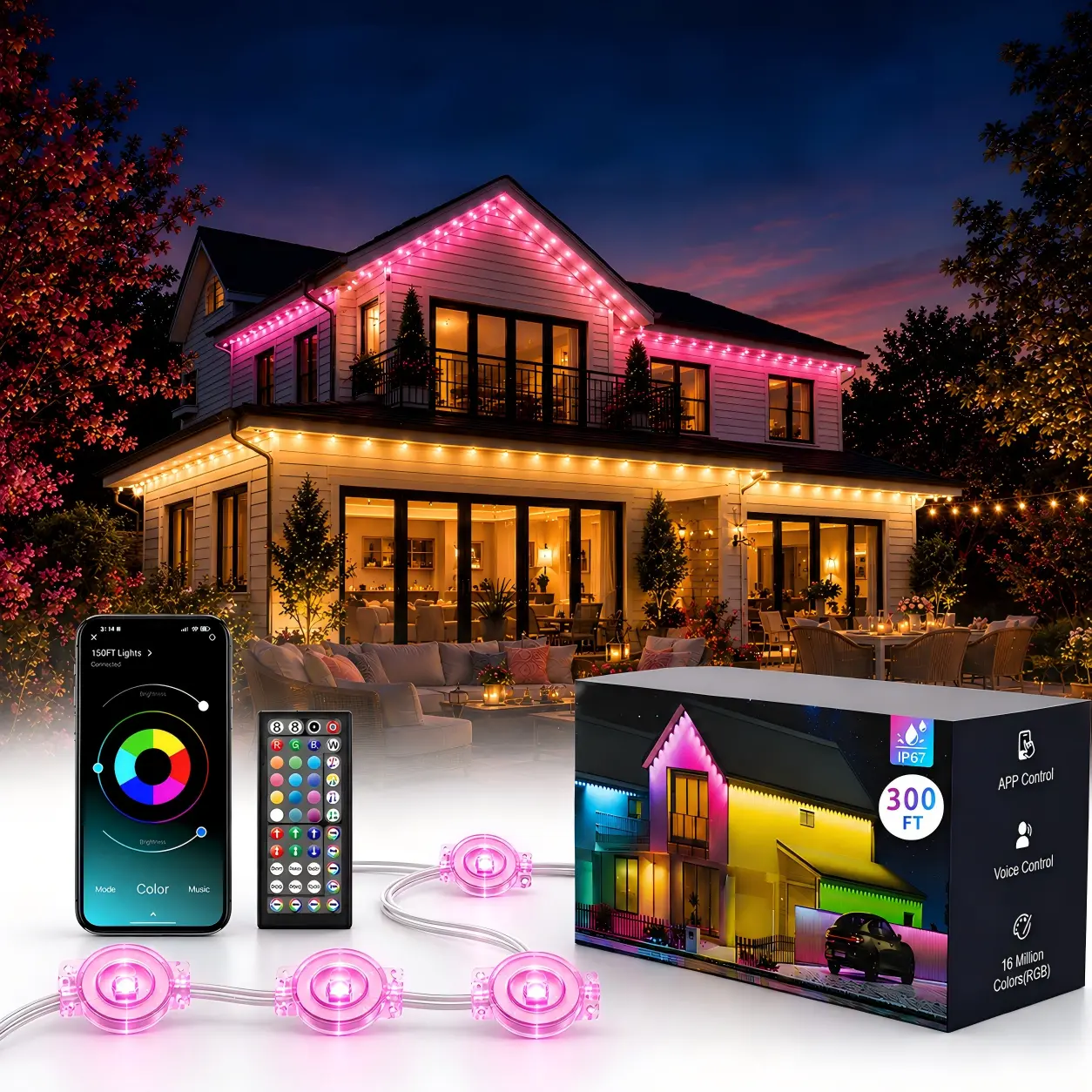 150Ft Permanent Outdoor Lights , Smart RGB Eave Lights with App & Remote Control, Music Sync Outdoor LED Lights, Multiple Lengths Available, Waterproof Lights for Christmas, Holiday, Family Party & Home Decor